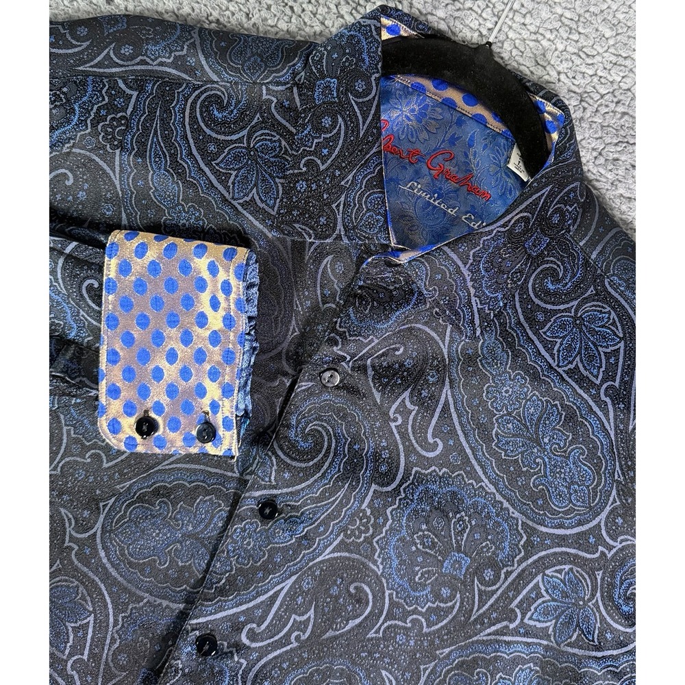 Robert Graham Limited Edition Mens L 100% Silk Paisley Flip Cuff Shirt 180/1113